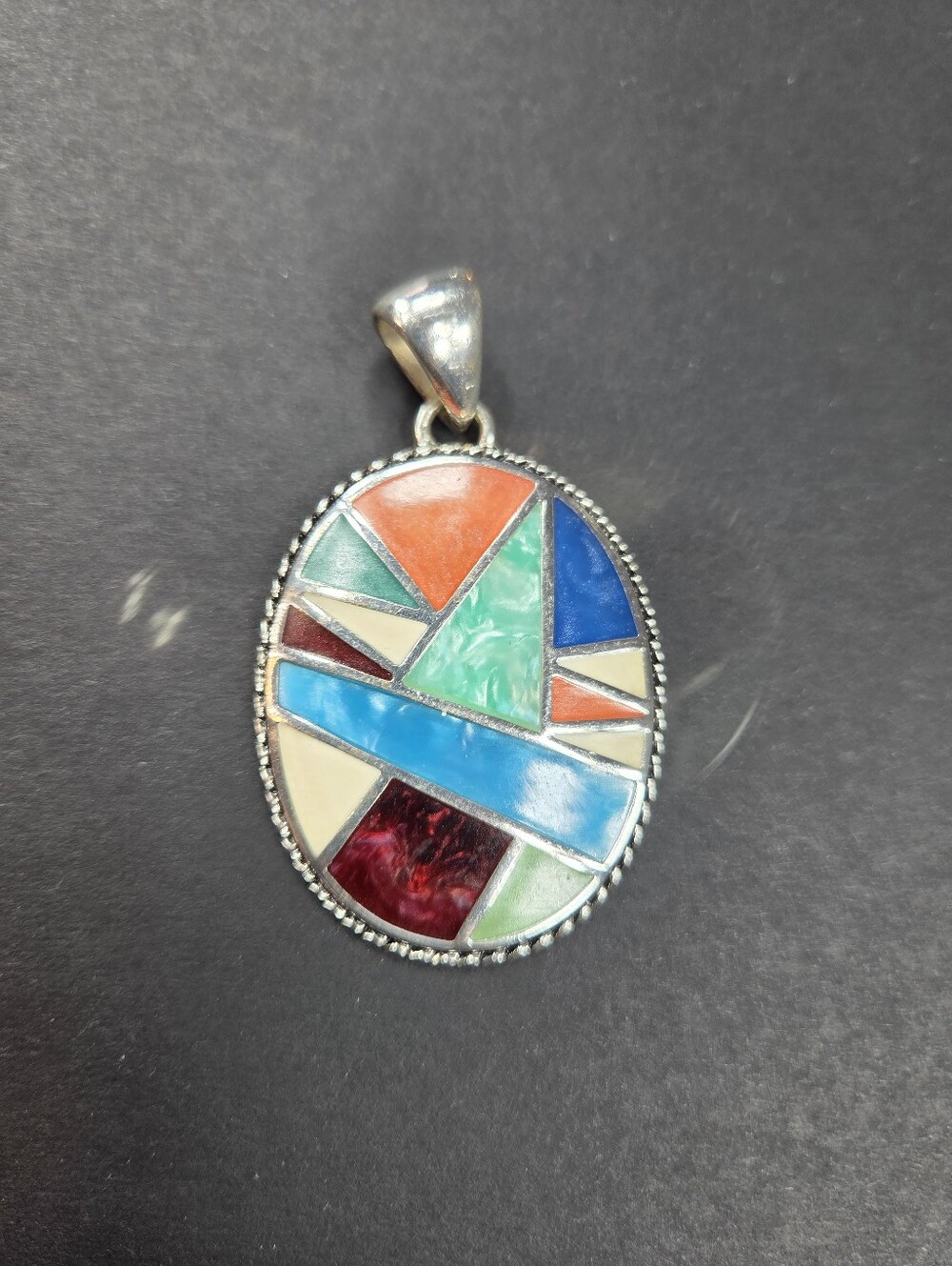 Multicolor Inlay Oval Pendant Necklace silver tone blue green mosaic zuni style